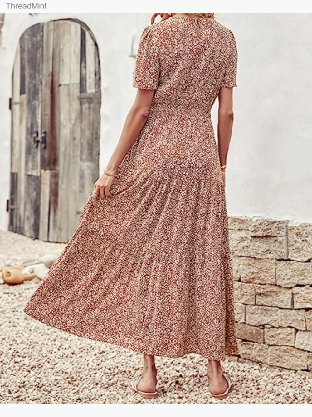 Summer Casual Flutter Sleeve Smocked Waist Tiered Maxi Dress Size S M L XL - Picture 4 of 7